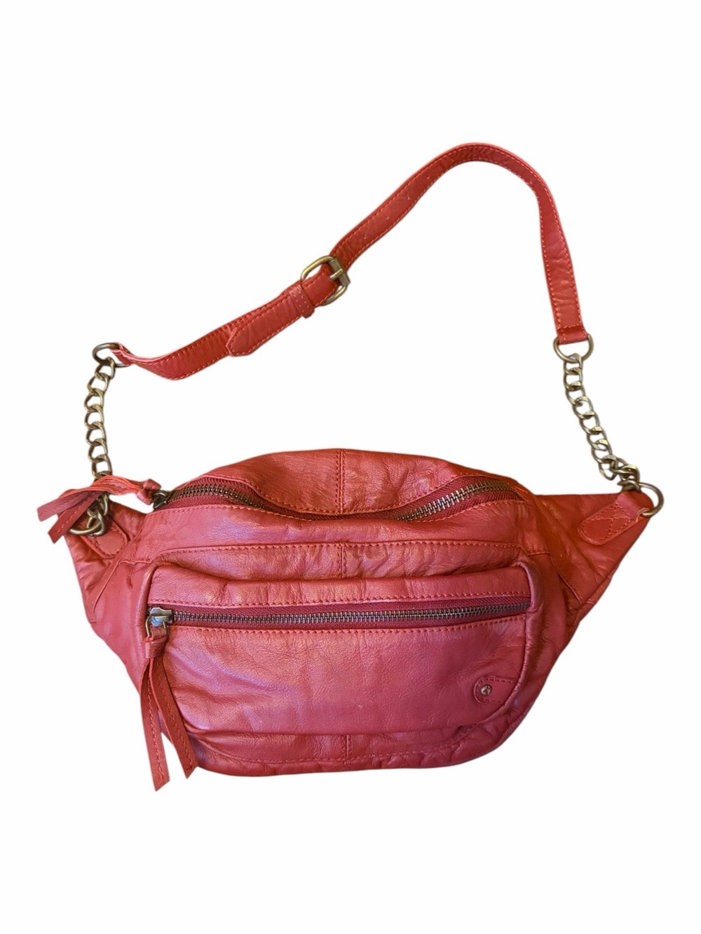 Free People Red Leather Crossbody Belt Bag with Chain Strap